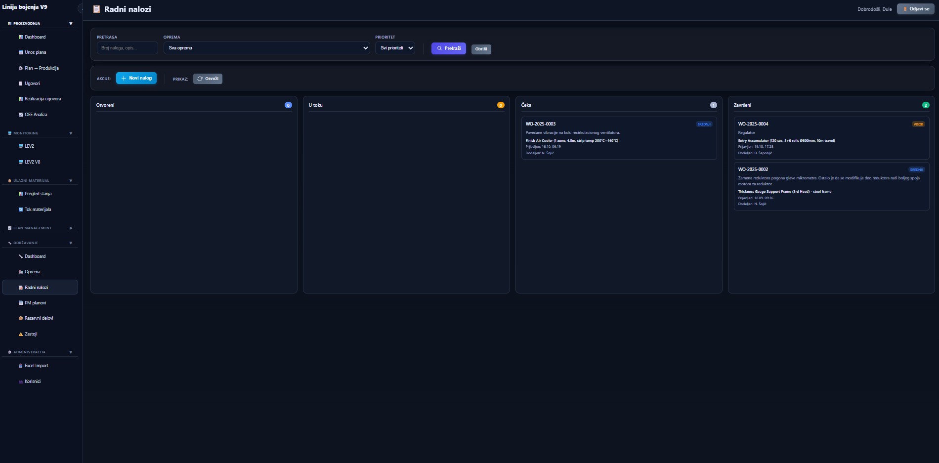 Figure 13 — Work orders: Kanban board with 4 columns (Open / In progress / Waiting / Done), each order carries priority (medium / high), a unique identifier, problem description, equipment link, reporting timestamp and assigned technician